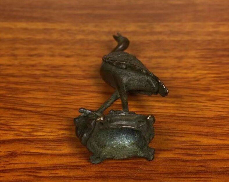 Rare Old Chinese Antique Copper Turtle Crane Statue Animal Netsuke