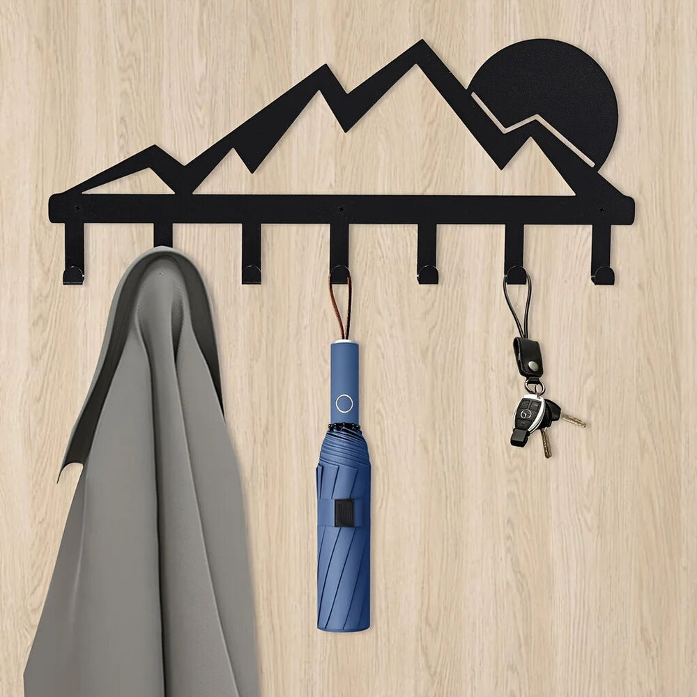 Mountain Metal Key Holder 7 Hooks Sunset Scenery Black Iron Wall Mounted Hooks