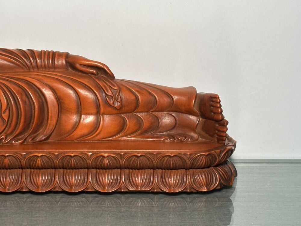 Chinese Wooden Carving Boxwood Reclining Buddha Statue Sculpture Home Decor Art