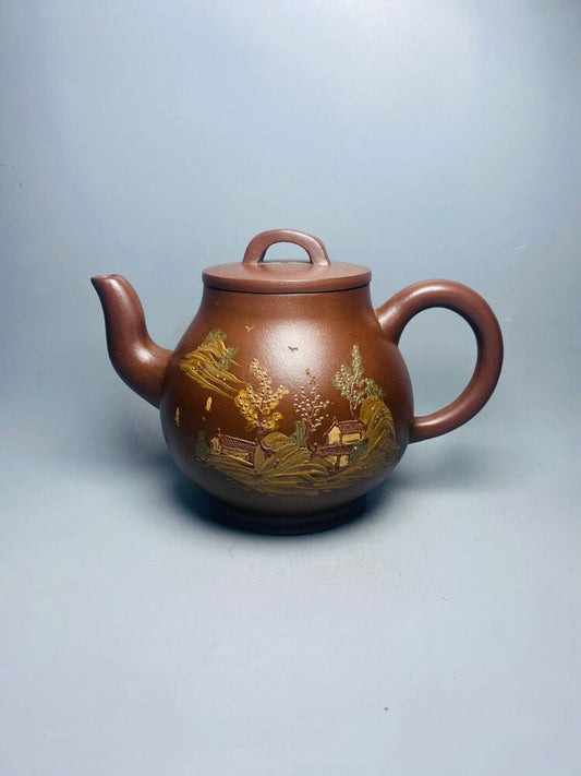 Chinese Yixing Zisha Clay Handmade Exquisite Teapot(泥绘山水 底款：顾寒军)