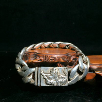 Chinese Asian Old Tibet Silver Hand Cast Tiger Statue Bracelet Jewel Gift Nice