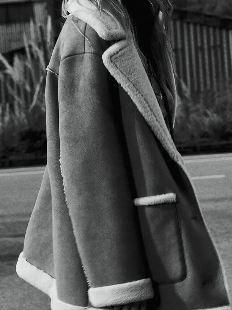 Jacket Fashionable Warm Sheepskin Coat Lapel Vintage Loose Overcoat Parka