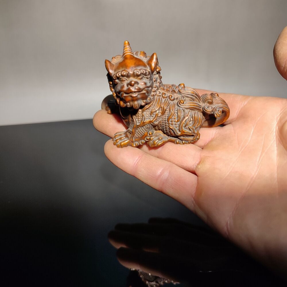 Chinese Boxwood hand carved wooden kylin statue decor statue unicorn dragon mini