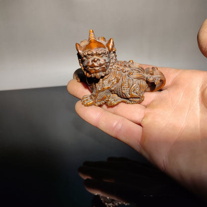 Chinese Boxwood hand carved wooden kylin statue decor statue unicorn dragon mini