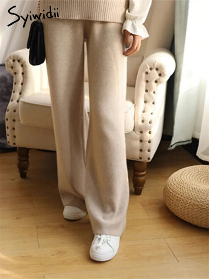 Women Pants Autumn Winter Wide Leg Pants Casual Drawstring Straight Wool Pants