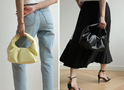 Small Mini Real Leather Ruched Tote Pouch bag Purse Clutch Clip on Top Handle