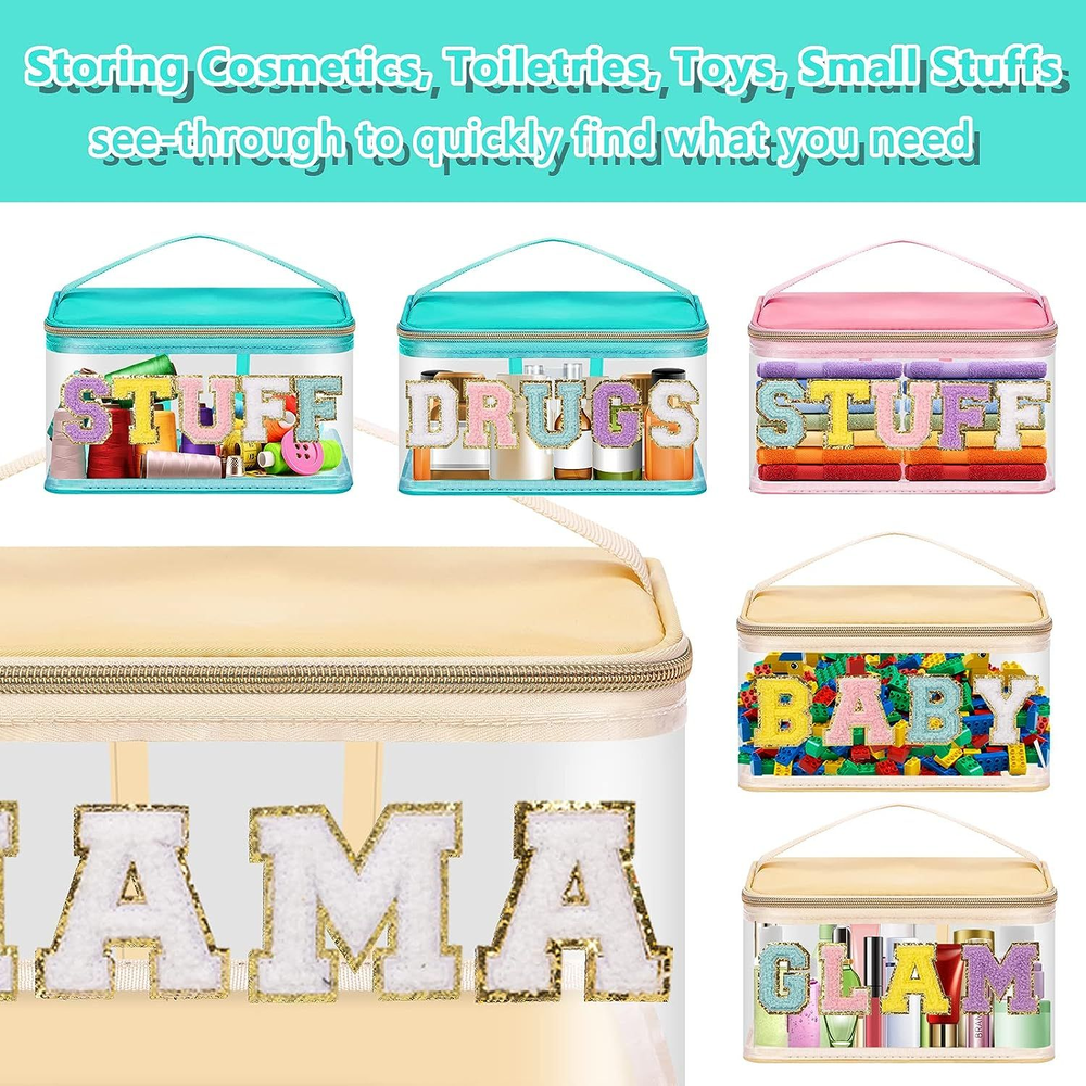 Chenille Letter Patches Clear Makeup Bag Meds Purse Pouch, Select Color