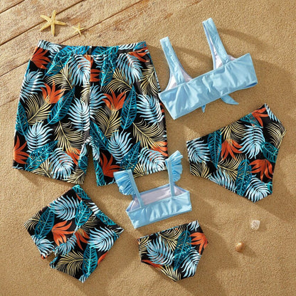 Summer Family Swimwear Solid Top Floral Print Shorts Matching Swimsuits Outfits