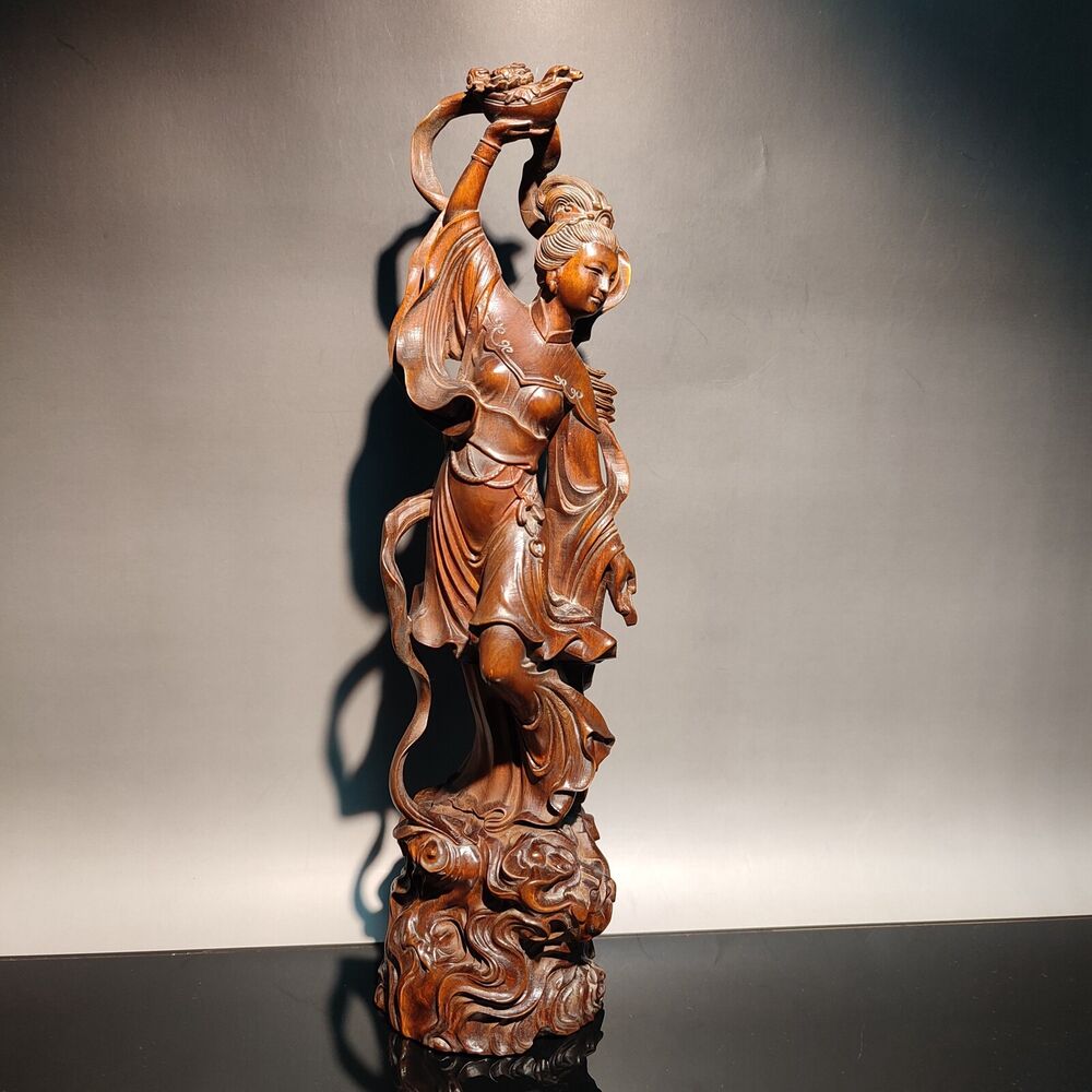 10"chinese carved wood statue pretty woman home decor carving figure wooden gift
