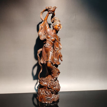 10"chinese carved wood statue pretty woman home decor carving figure wooden gift