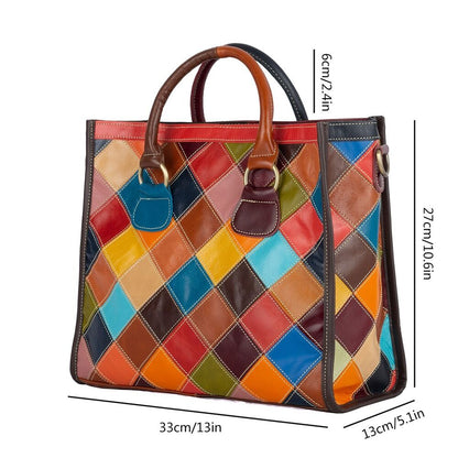 Genuine Cowhide Leather Colorful (random) Patchwork Handbag Women Tote Crossbody
