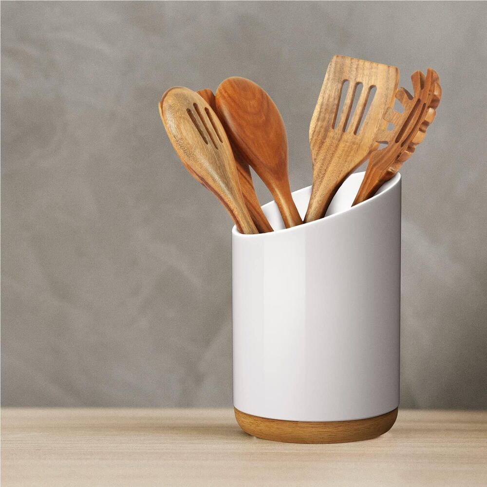 Ceramic Utensil Holder for Kitchen Countertop Caddy Organizer with Wooden Base