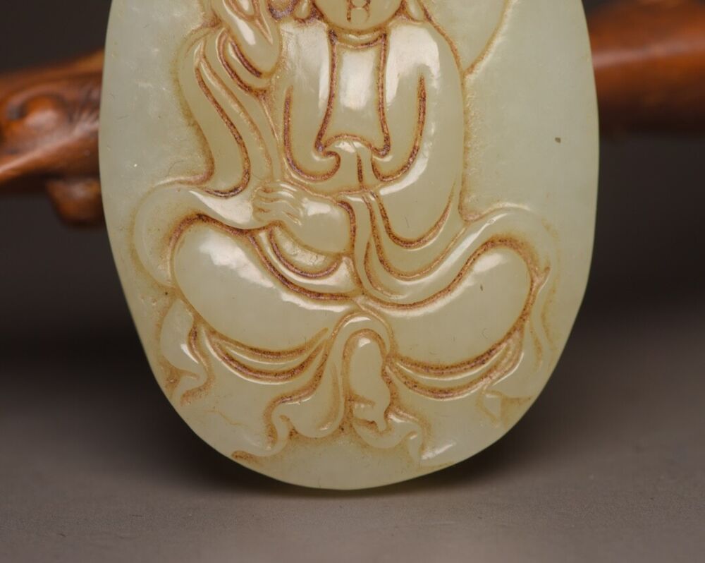 Chinese Natural Hetian Jade Carved Kwan Yin Statue Lucky Pendant Amulets Rare