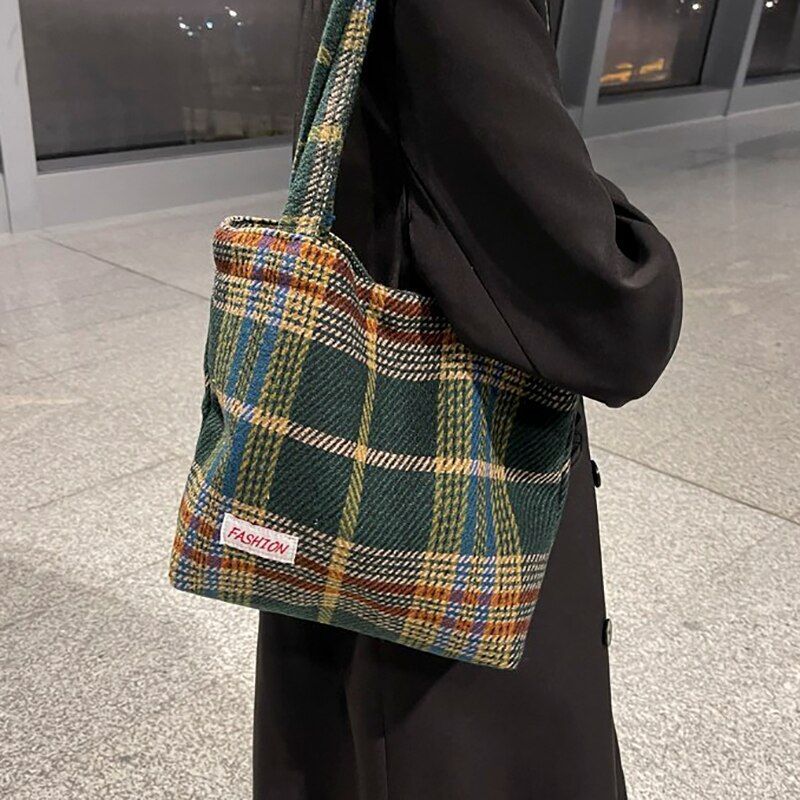 Tote Shoulder Bag Large Capacity Soft Plaid Travel Handbag 31*28*10 CM Green 1PC