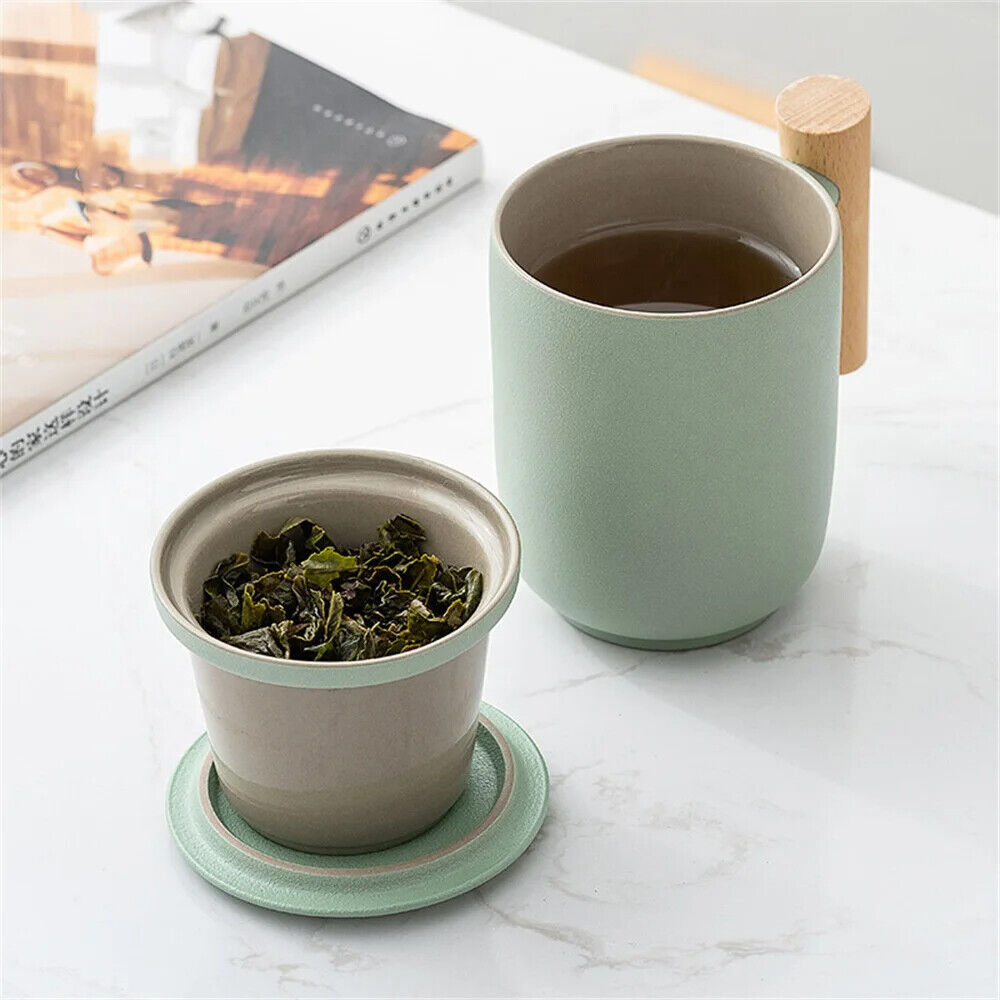 Mug 350ml Ceramic Wood Teacups W/ Lid & Filter Tea Separation Large Capacity Cup