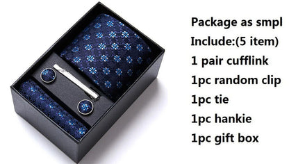Men Neckties 5Pcs Business Ties Hanky Cufflink Set Clips Corbatas Gift Box 7.5cm