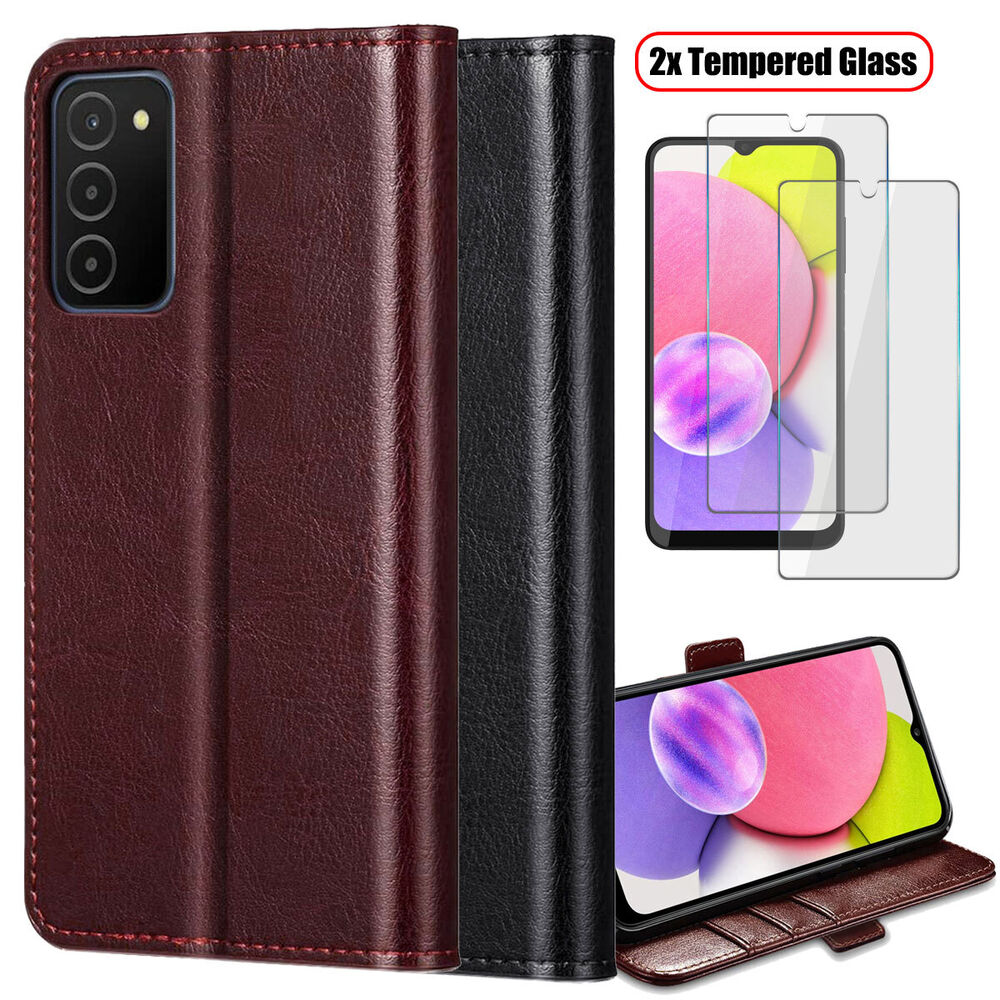 For Samsung Galaxy A03s/SM-A037F Case, Protective Leather Cover / Tempered Glass