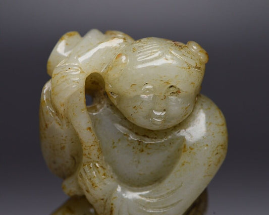 Collections Chinese Hetian Jade Hand Carving Children Statue Decor Nice Figurine