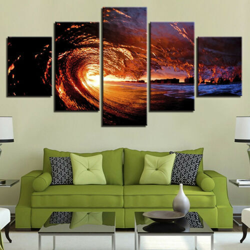 Sunset Ocean Huge Waves Sea Water 5 Panel Canvas Print Wall Art Poster Decor