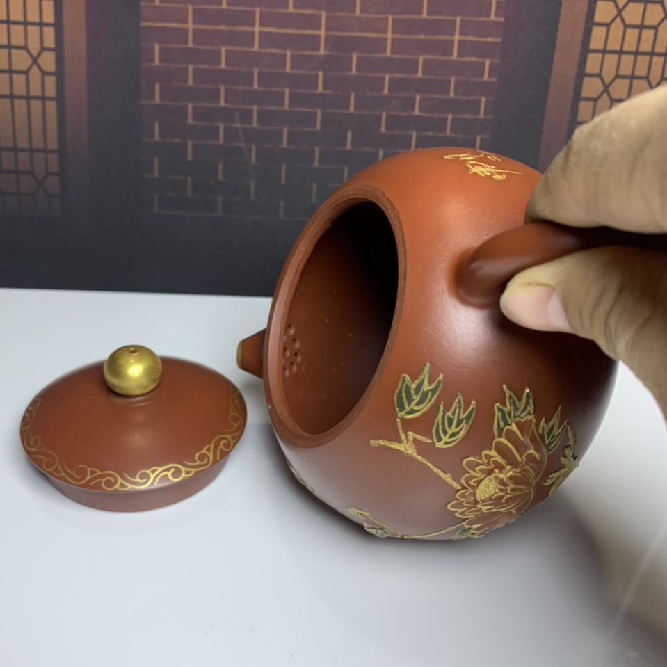 Vintage Chinese Yixing Purple Clay Teapot Zisha Ceramic Nice Flower Bird Teaware