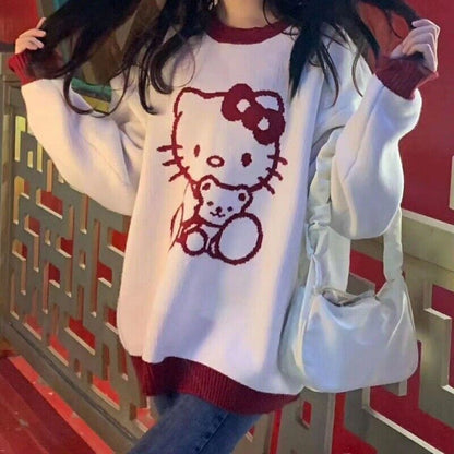 Cute Hello Kitty Sweet Embroidered Ladies Tops Cute Warm Sweater Loose Pullover