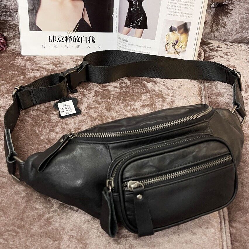 Black Men Real Cow Leather Small Belt Bum Bag Waist Fanny Pack Sport Backpack