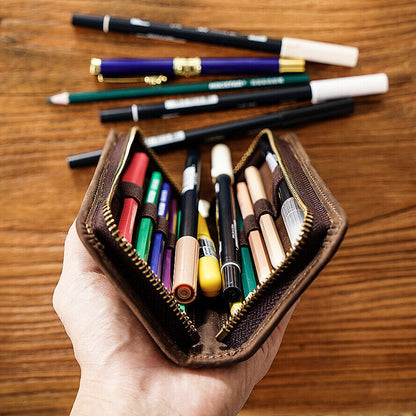 Handmade Crazy Horse Leather Square Pen Bag Men's Zipper Creative Pencil Case