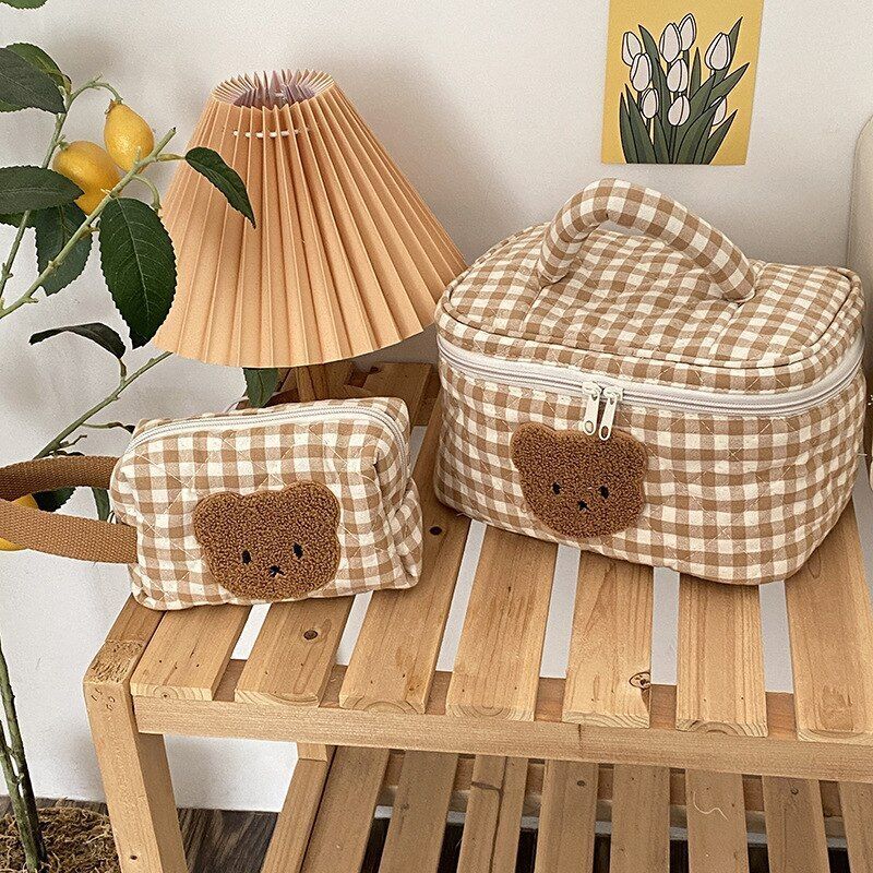 Cute Bear Makeup Bag Large Portable Cosmetic Bags Zipper Cotton Plaid Pouch Case