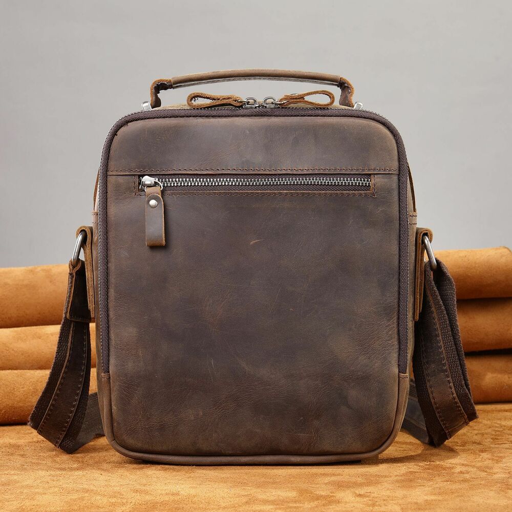 Crazy Horse Leather Men's Shoulder Bag 8inch Handbag Multifunction Crossbody Bag