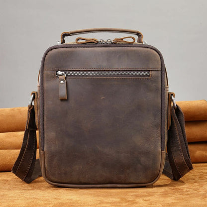 Crazy Horse Leather Men's Shoulder Bag 8inch Handbag Multifunction Crossbody Bag