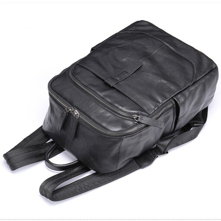 Top Cow Leather Black Men's bag, Soft Leather Large Capacity Backpack Travel Bag