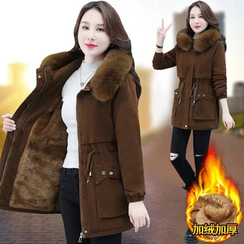 Womens 2023 Winter Padded Coat Plush Fur Collar Thick Down Outerwear