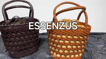 Small Woven Real Leather Drawstring Basket Bag Tote Bucket Beach Shoulder Bag