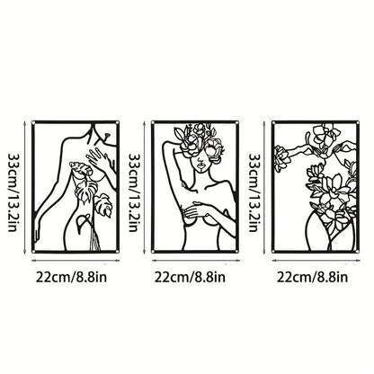 3pc Minimalist Abstract Woman Wall Art - Metal Line Drawing Home Decor