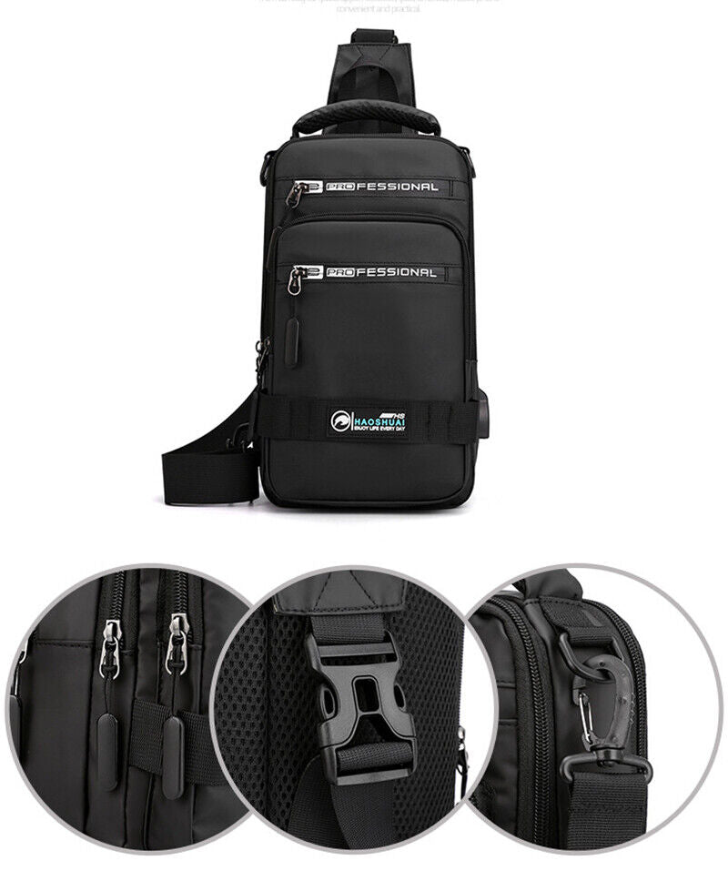 Fashion Nylon Backpack Men Cross body Chest Bags with USB Charging Port Rucksack