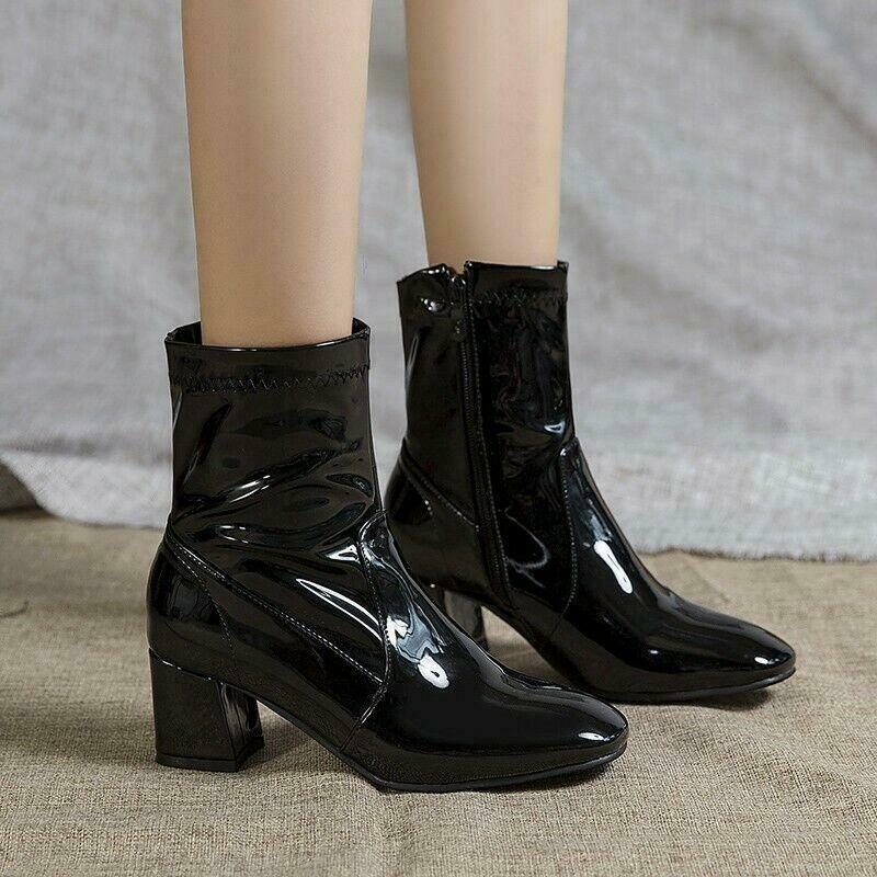 Women's Square Toe Ankle Boots Patent Leather Chunky Heels Leisure Zip Shoes New
