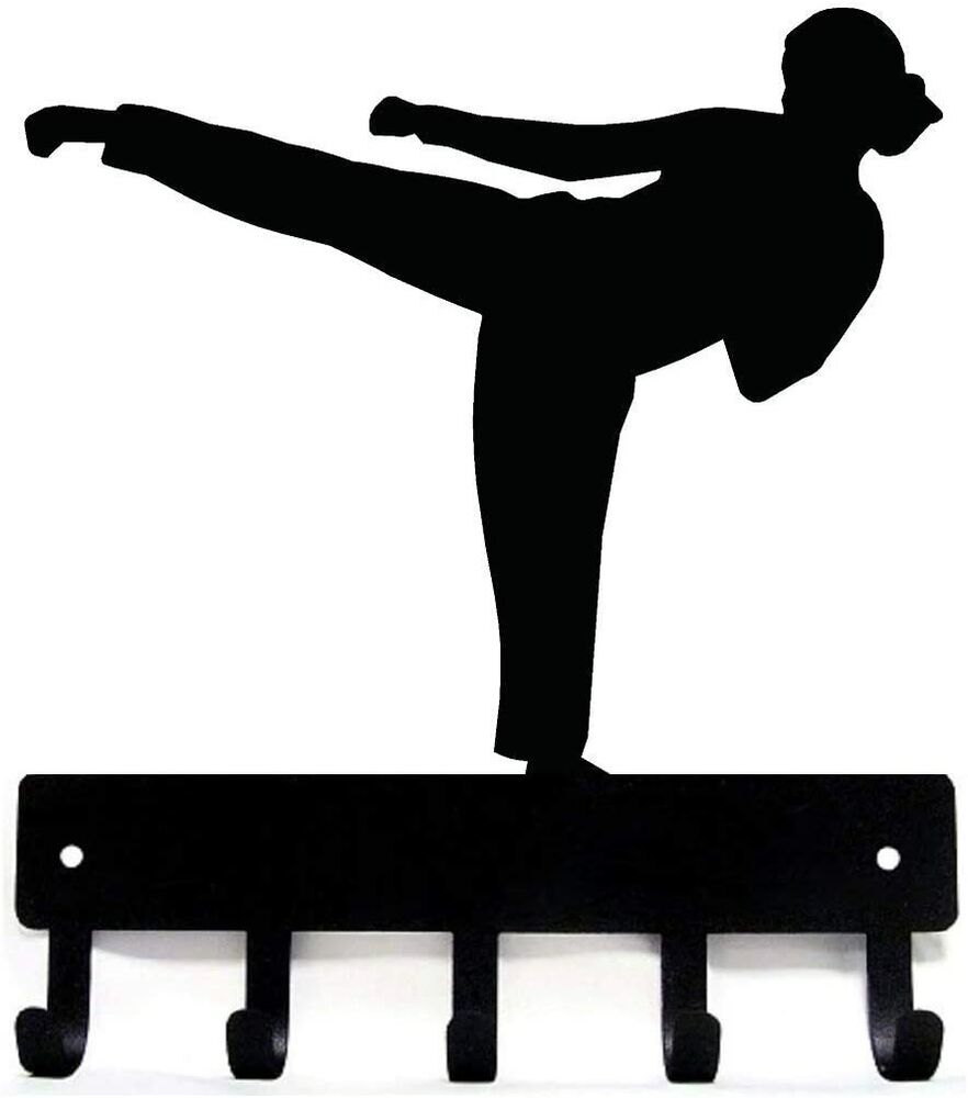 Karate Kick Female Sport - Key Hooks Holder - 6 inch/9 inch Wide Metal Wall Art