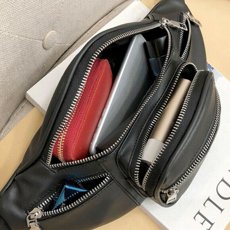 Women's Fanny Pack Purse Shoulder Chest Waist Bag Chain Zipper PU Leather Black