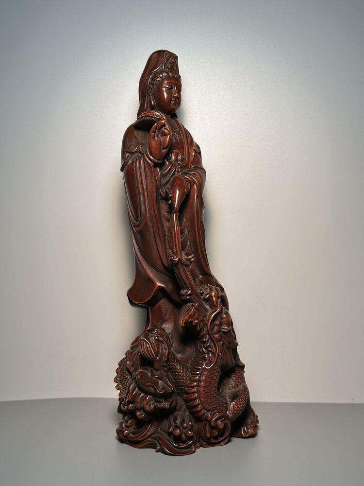 Vintage Chinese Wooden Carving Dragon Kwan Yin Statue Ornaments Wood Sculptures