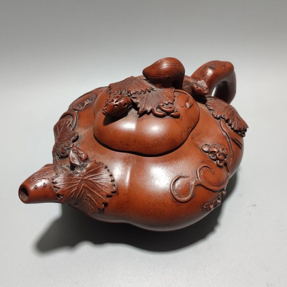 Vintage Chinese Yixing Purple Clay Teapot Zisha Ceremony Carving Squirrel Grape