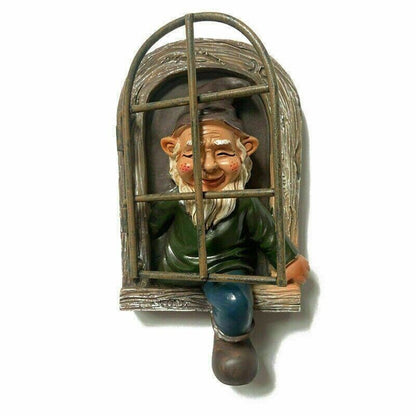 Elf Out The Door/Window Tree Hugger Naughty Garden Gnome Statue Tree Decorations-