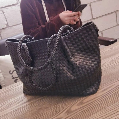 Luxury ladies leather woven tote bag fashion zipper multifunctional shoulder bag