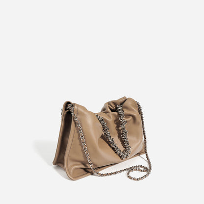 Ruched Real Leather Clutch Purse Pouch Tote Shoulder Bag Crossbody w/ Chains
