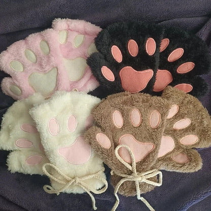 Women Fingerless Gloves Plush Fluffy Cat Paw Claw Panda Mittens Warm Winter Wear