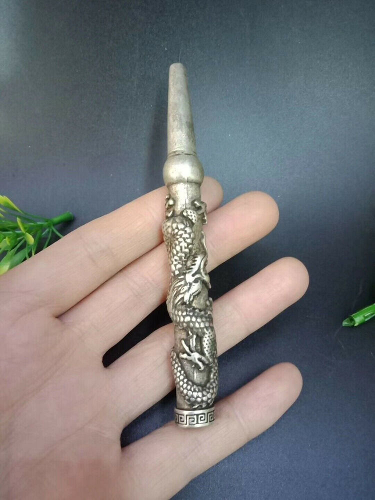 Old Chinese Tibet Silver hand-Carved Dragon cigarette holder Smoking tools