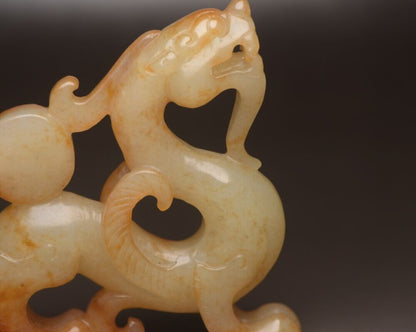 Top Chinese Antique Hetian Jade Carving Dragon Phoenix 龙凤呈祥 Statue Sculpture Art