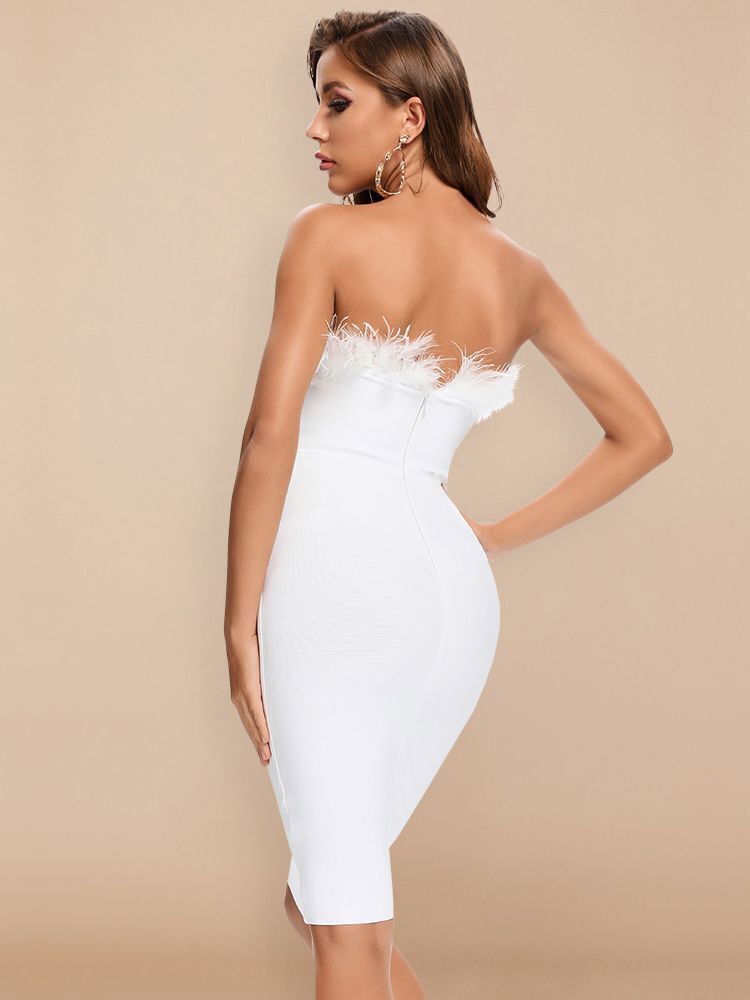 White Sexy Feathers Bandage Dresses For Women Pink Bodycon Dress Club