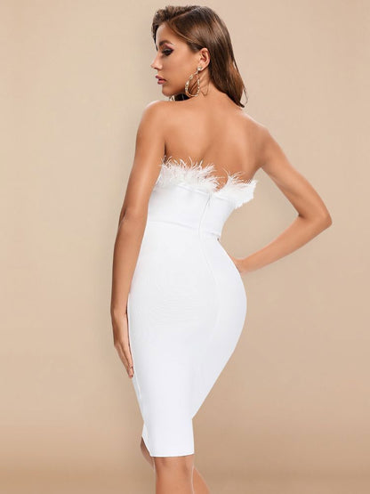 White Sexy Feathers Bandage Dresses For Women Pink Bodycon Dress Club