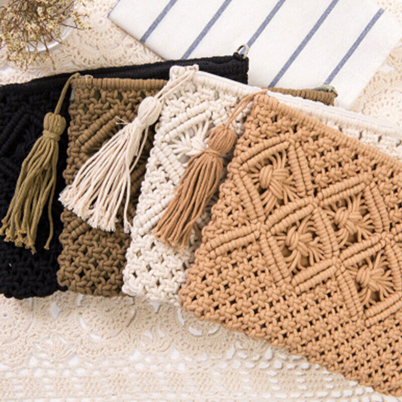 Boho Woven Handbag Women Summer Beach Cotton Tassel Bag Rattan Shoulder Ladies