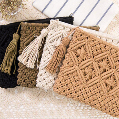 Boho Woven Handbag Women Summer Beach Cotton Tassel Bag Rattan Shoulder Ladies